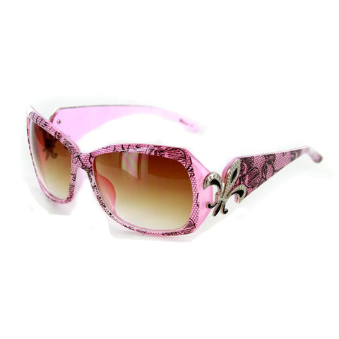 Baton Rouge 1226 Women's Designer Sunglasses with Stylish Patterned Frames with Fleur de Lis Emblem and Large Lenses (Pink Lace + Amber)